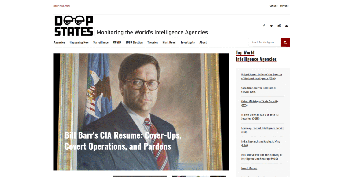 Bill Barr's portrait featured on Deep States website, highlighting investigative journalism on CIA operations and national security.