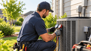 HVAC technician servicing an air conditioning unit, showcasing marketing strategies for home and business service