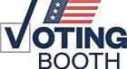 Voting booth graphic featuring the word "VOTING" in bold letters and "BOOTH" below, accompanied by an American flag motif.